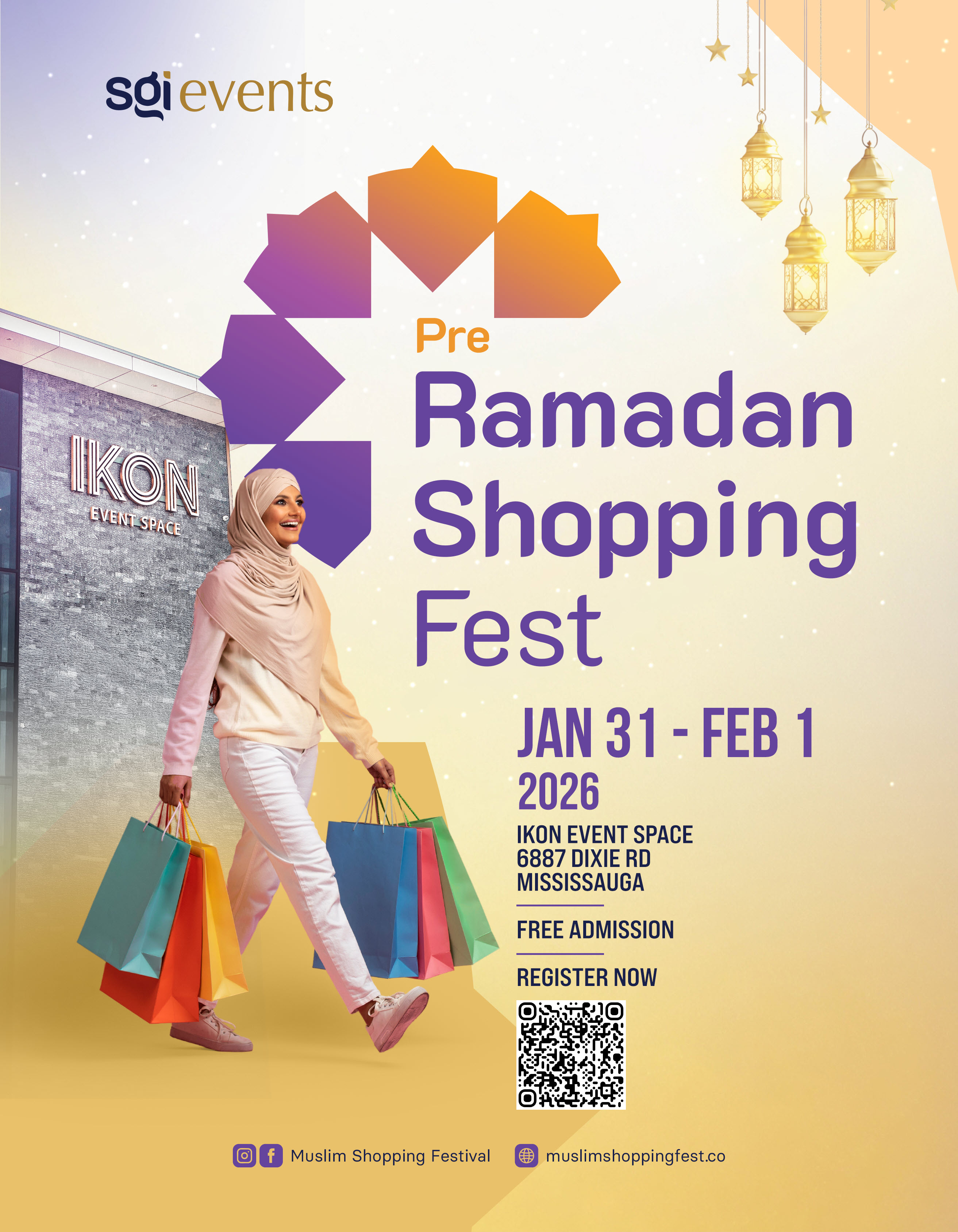 Flyer for Pre-Ramadan Shopping Fest being held from Jan. 31, 2026 to Feb. 1, 2026 at at IKON Event Space, 6887 Dixie Road in Mississauga, Ontario. 647-298-1970